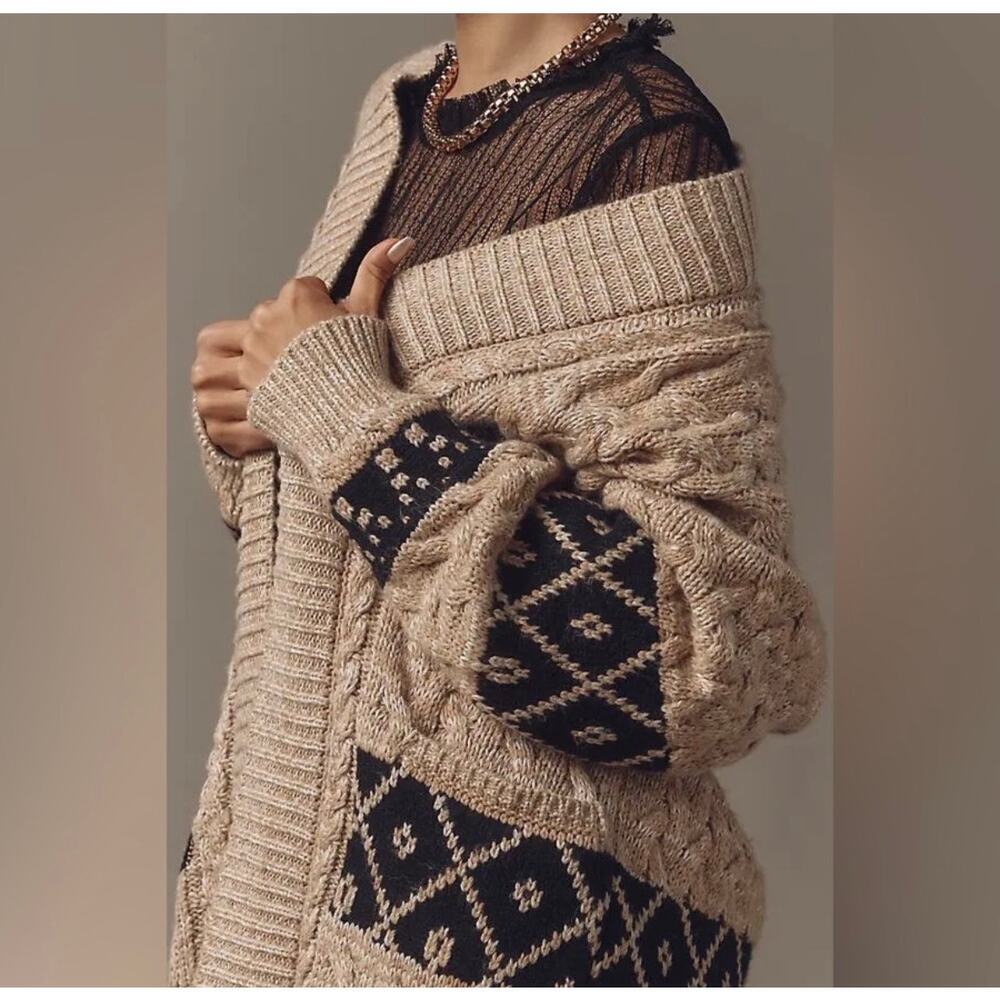 Pilcro by Anthropologie Oversized Knit Cardigan Aztec Crochet Wool Size S/M - Picture 3 of 10